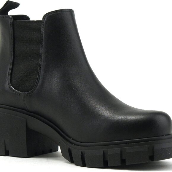 Women Chelsea Ankle Bootie Faux Suede Vegan Leather Lug Sole Block Heel - Picture 4 of 5